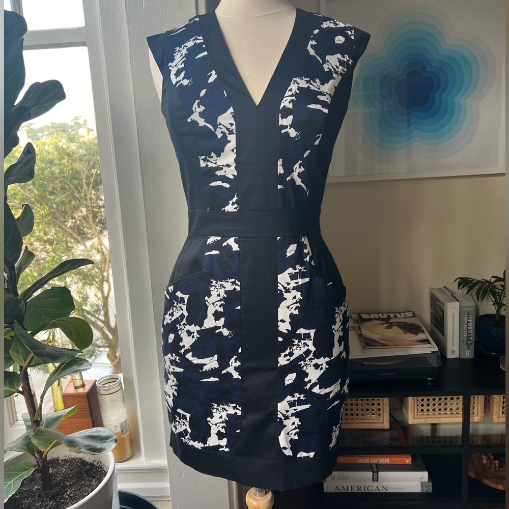 French Connection cocktail dress with POCKETS, blue and black print